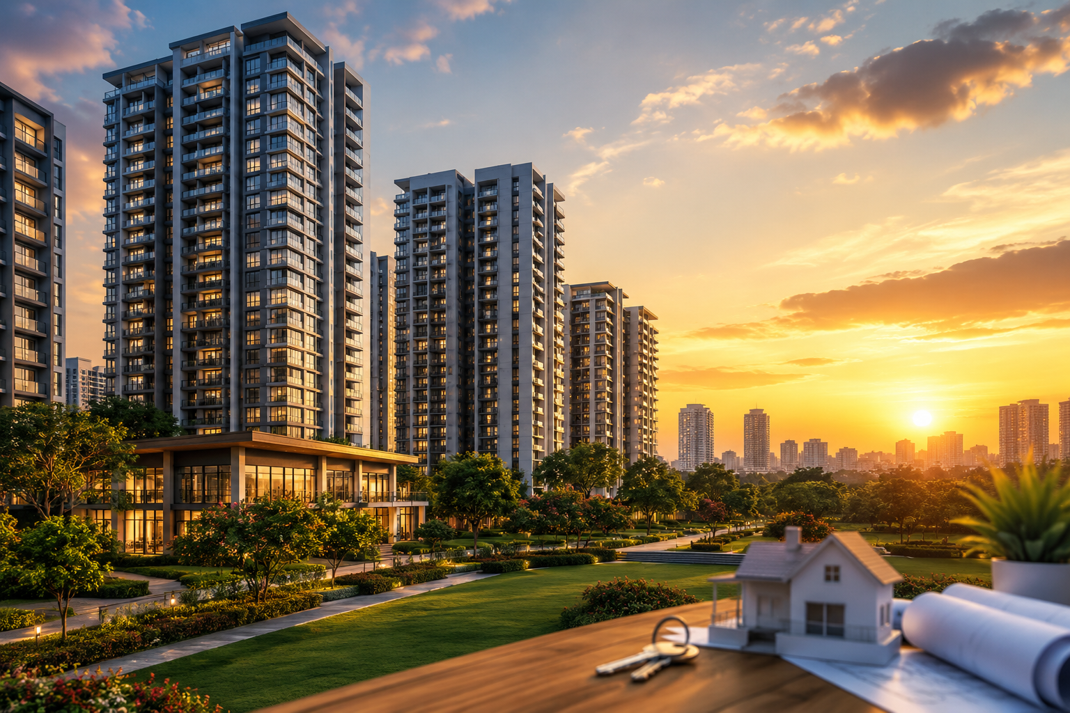 Modern residential towers showcasing premium urban living with landscaped green surroundings beautifully